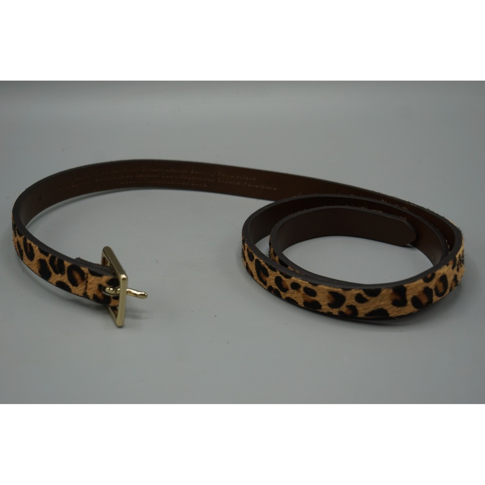 Leopard Print Calf Hair Skinny Belt Gold Buckle Animal Print Brown Tan Medium